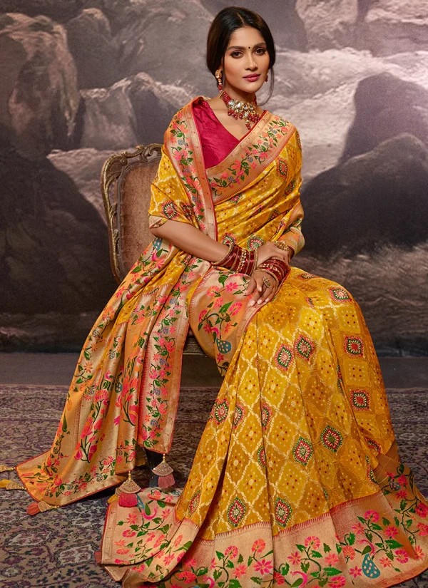 Yellow Weaved And Printed Traditional Jacquard Silk Saree