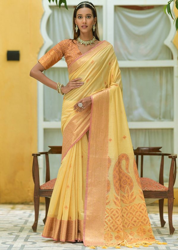 Yellow Zari Woven Saree In Cotton
