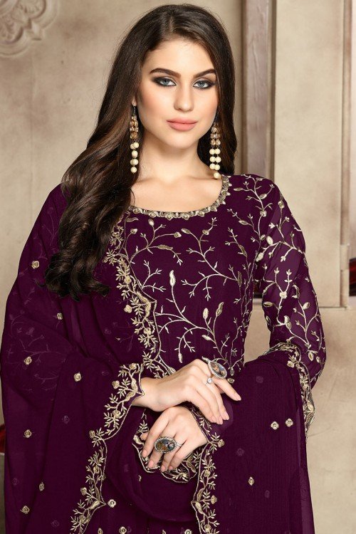 Zari Embroidered Georgette Plum Purple Eid Anarkali Suit