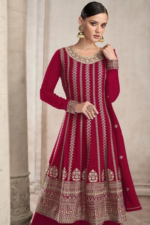 Zari Embroidered Georgette Rani Pink Sharara Suit 1
